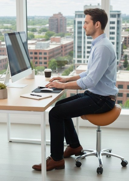 Man zit achter zijn bureau op zadelkruk