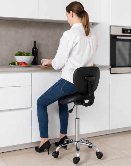 Huisvrouw zit op tabouret