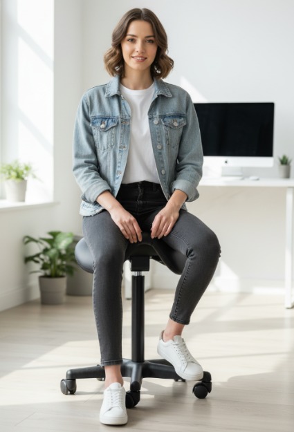 Jonge vrouw zit op zadelkruk