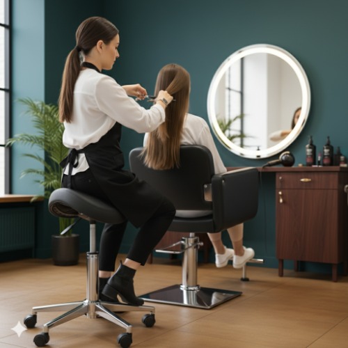 Kapster in salon op zadelkruk