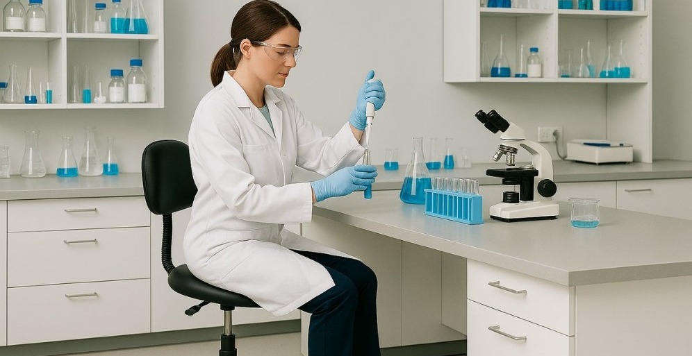 Chirurg op een zadelkruk met PUR zitting in een operatiekamer, focus op gezonde houding