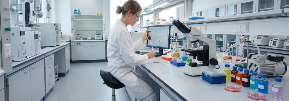 Laborante zit op zadelkruk