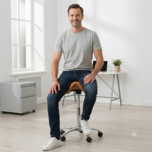 Man zittend op een ergonomische zadelkruk.