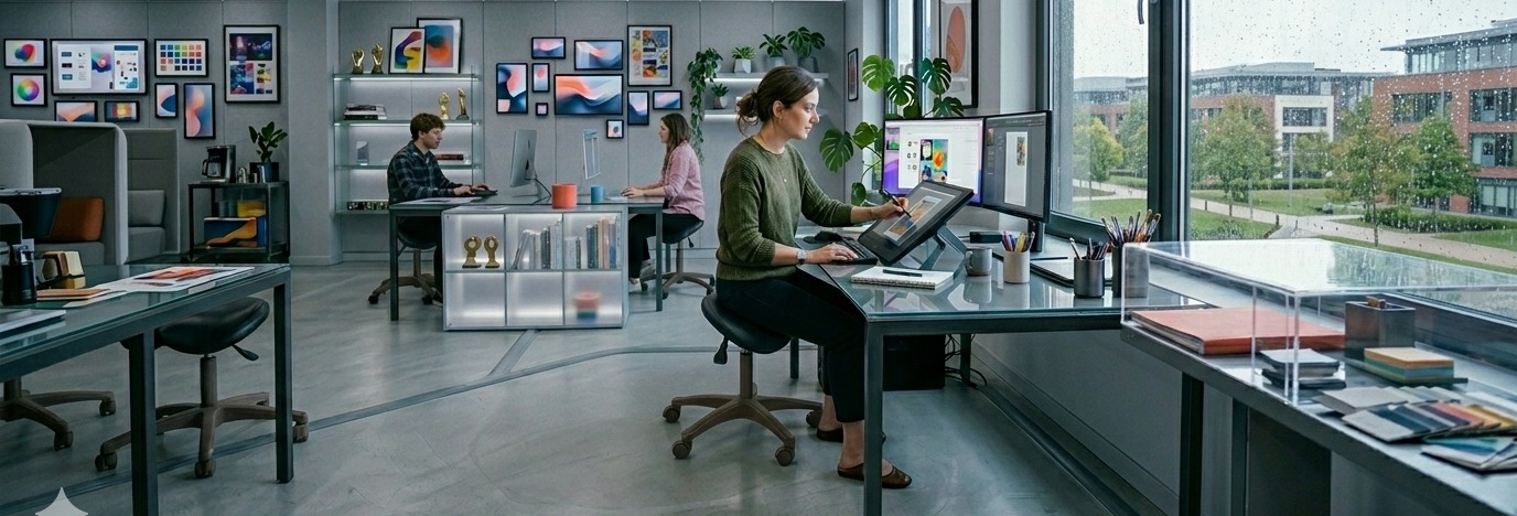 Reclamebureaumedewerkster zit op zadelkruk