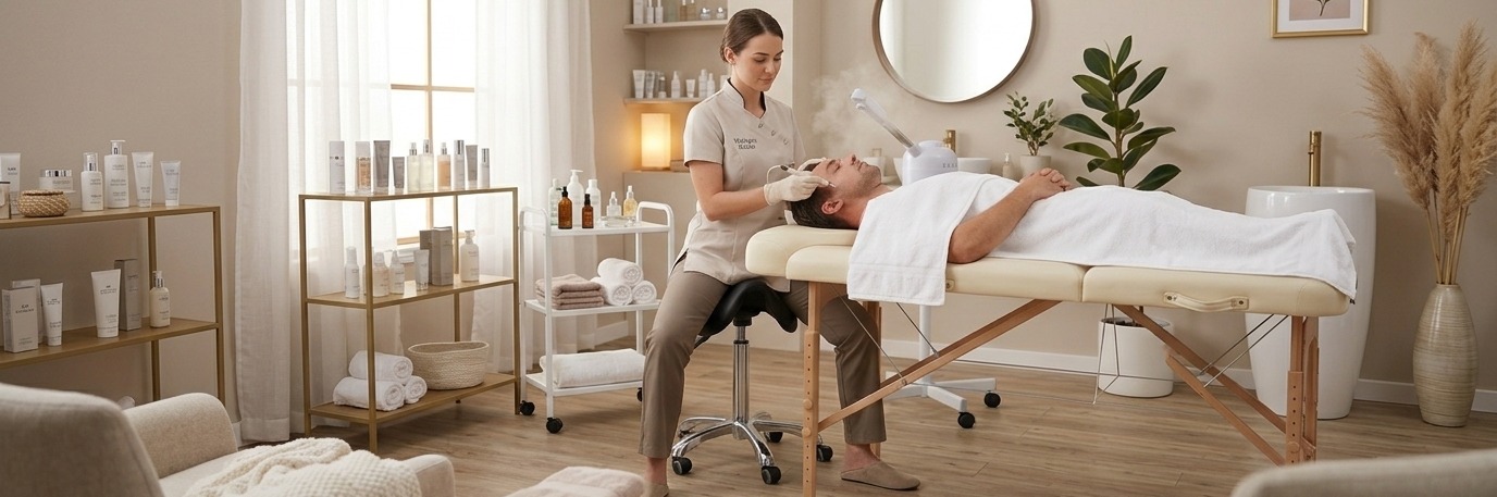 Schoonheidsspecialiste zit op zadelkruk