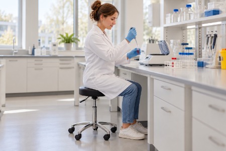 Laboratoriummedewerker op een zwarte tabouret werkt met een pipet aan een werktafel.