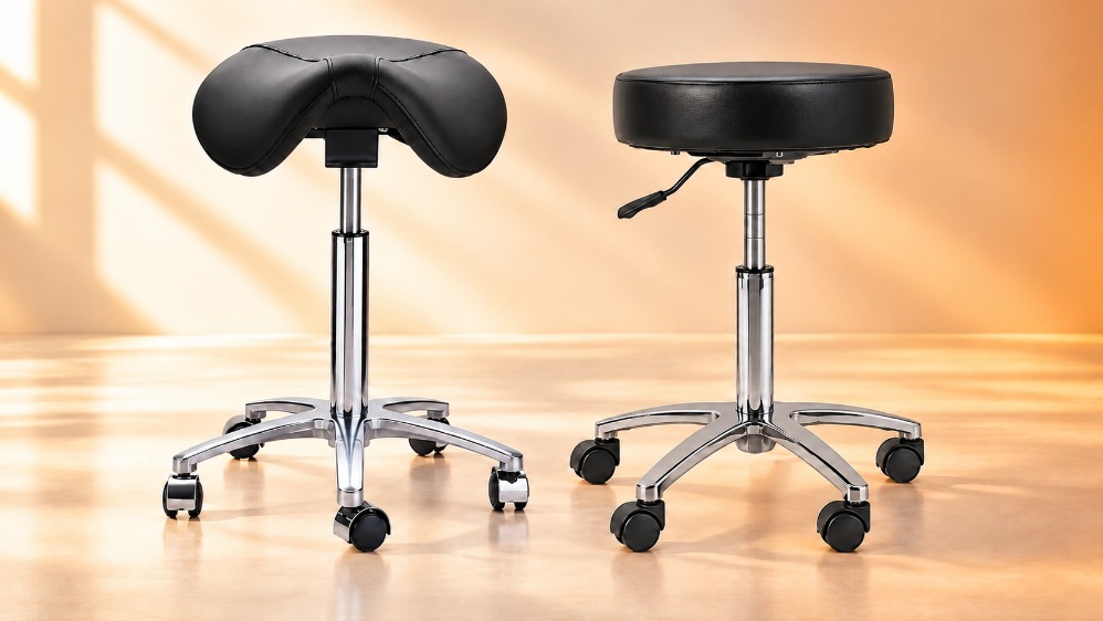 Zwarte zadelkruk en tabouret met metalen onderstel en wielen van Tabouret Benelux.