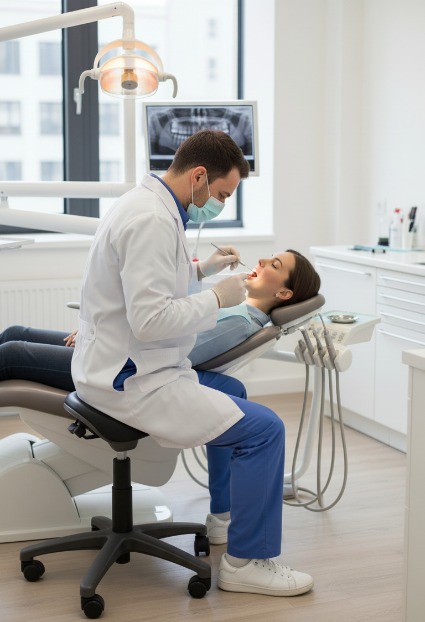 Tandarts zit op zadelkruk