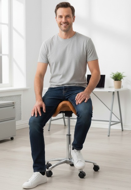 Volwassen man zit op zadelkruk