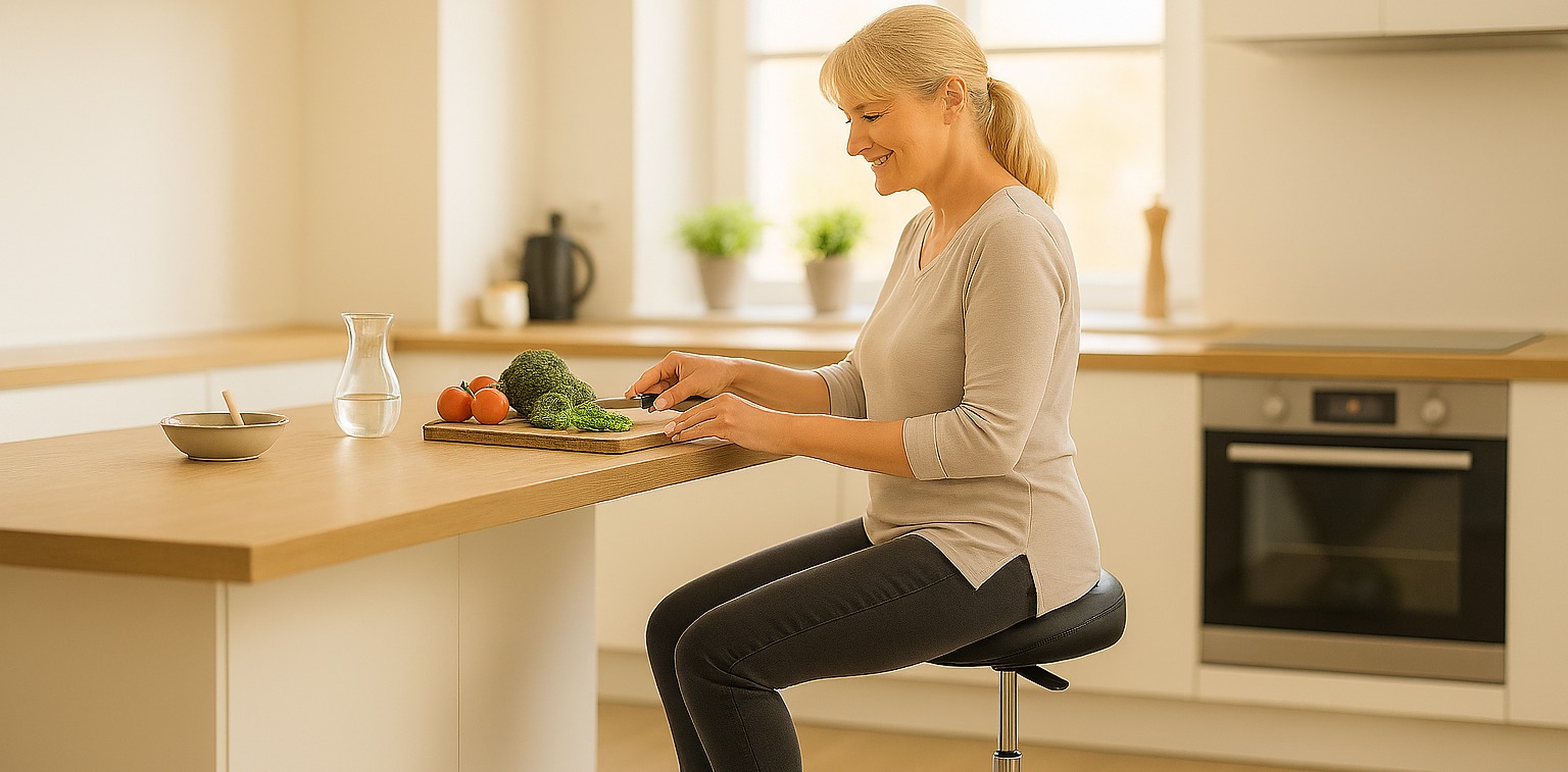 Close-up van een tweedelige zadelkruk zitting met zit/neig mechanisme en rugleuning
