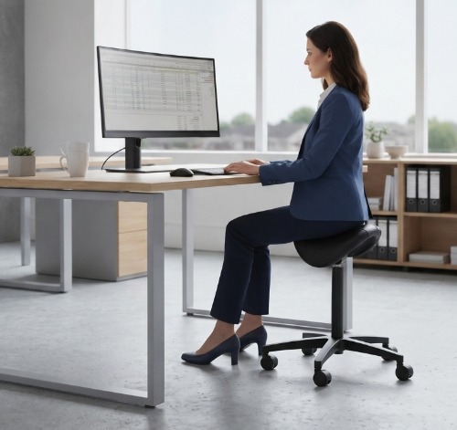 Vrouw aan haar bureau werkzaam op een ergonomische zadelkruk.