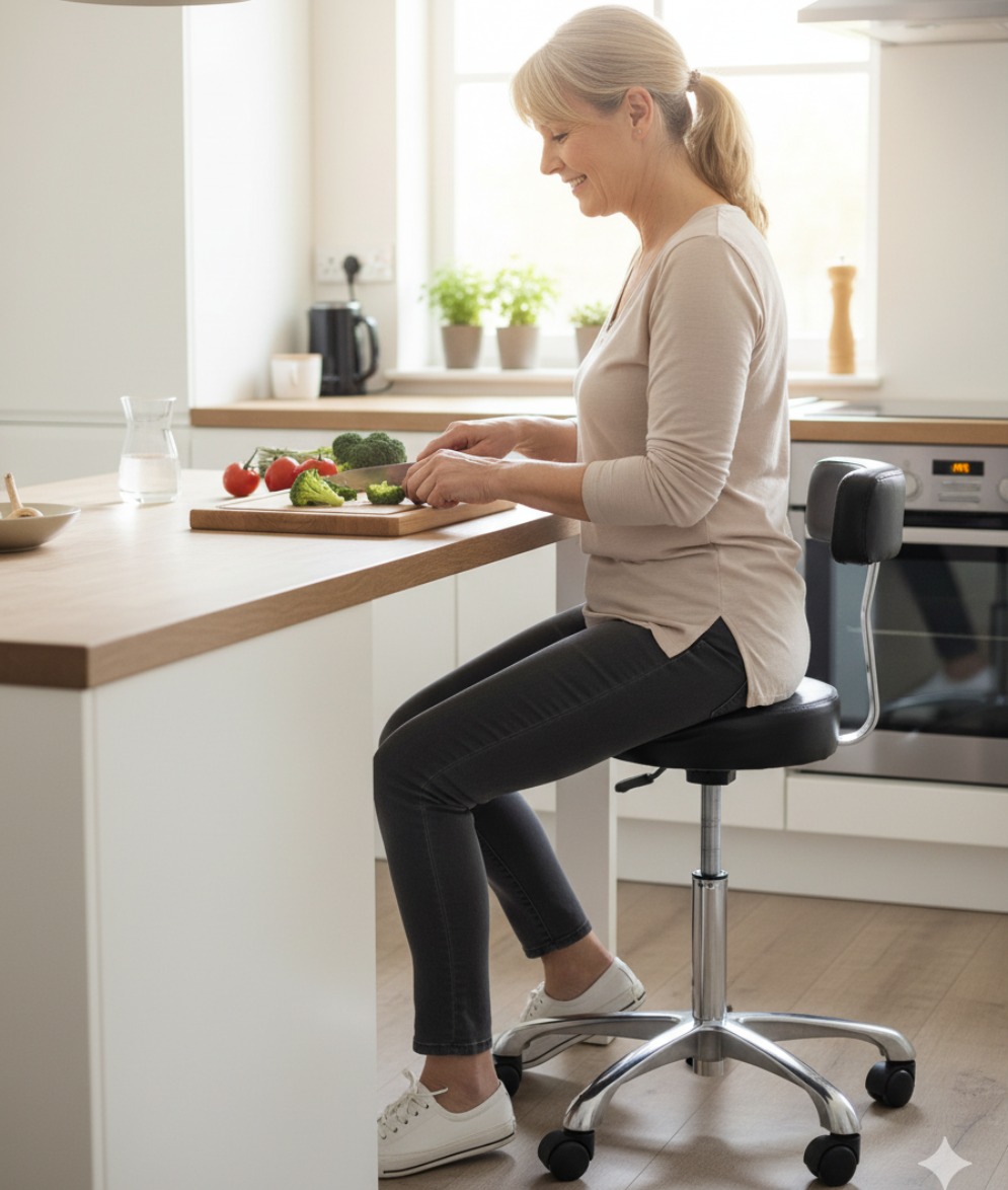 Vrouw zittend op tabouret met rugleuning Luxe tabouret met rugleuning en badstof hoes voor extra comfort en ondersteuning