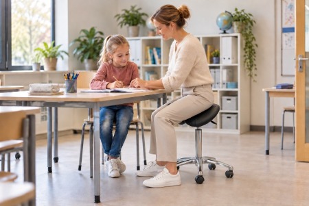Leerkracht op een zwarte zadelkruk helpt een leerling aan een tafel.