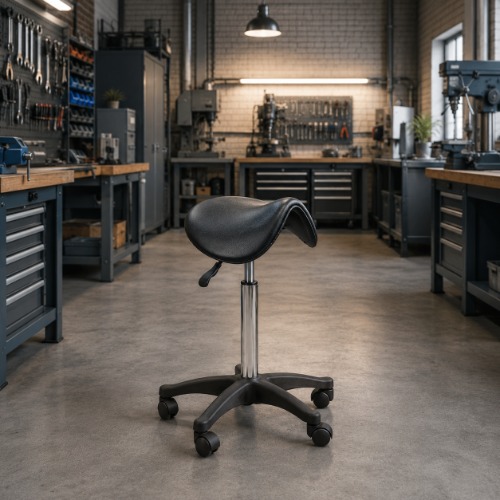Ergonomische zadelkruk met PUR zitting.