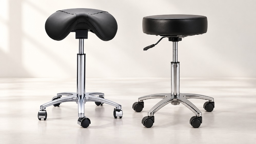 Zwarte zadelkruk en tabouret met metalen onderstel en wielen van Tabouret Benelux.