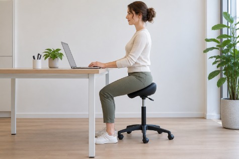 Persoon zit recht voor een werktafel op een zadelkruk, met de bovenbenen licht schuin omlaag en beide voeten op de vloer.