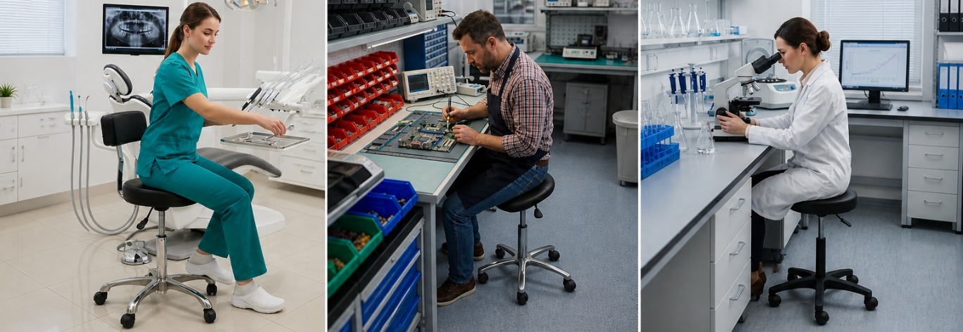 Zitkrukken in gebruik in verschillende werksituaties